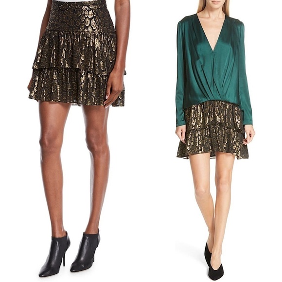 ALICE + OLIVIA Silk Metallic Shimmer Leopard Jacquard Ruffle Tier Mini Skirt 0 - Picture 2 of 9